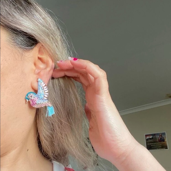 Bird earrings rhinstone stud tassel blue pink jewelry cute animal - Picture 5 of 5